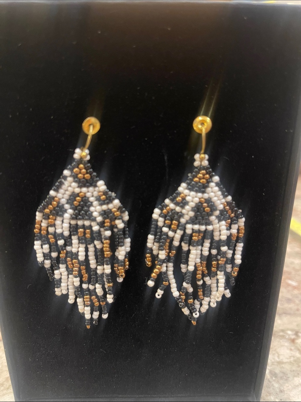Stanley Black White and Gold Beaded Fringe Earrings